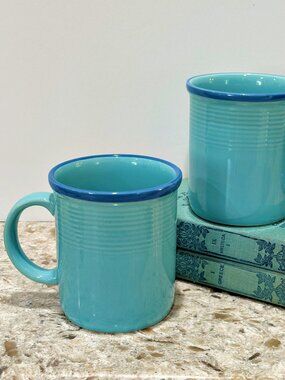Rio Stoneware Japan Coffee Mugs Turquoise Aqua w Blue Rim 10 oz Vintage Set of 2